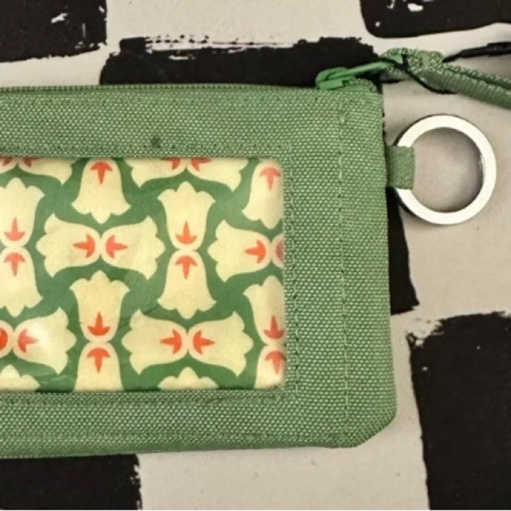 Vera Bradley Zip ID Wallet Fluorite Green w/ Key Ring Top Zipper Fabric Tab NWT